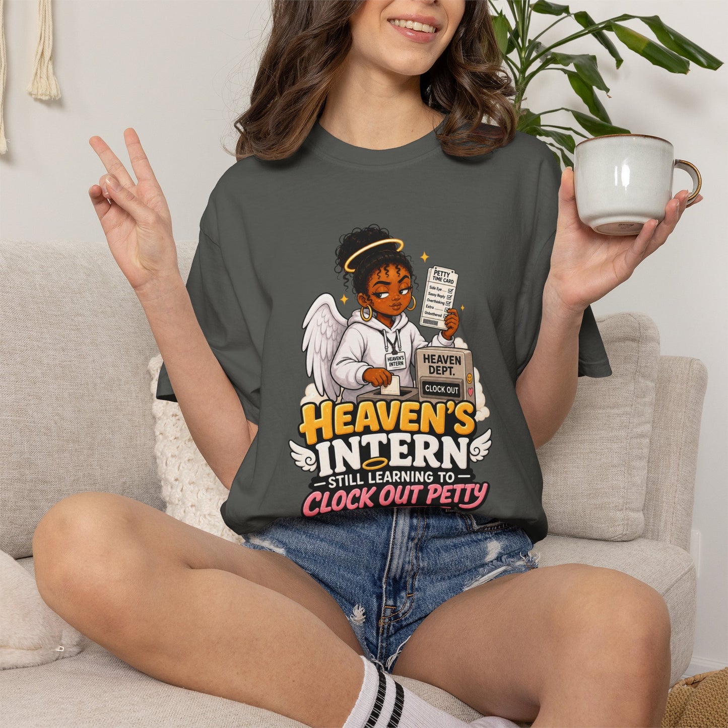 Heaven's Intern T-shirt – Funny Angel Nurse Tee ('Still Learning to Clock Out Petty')