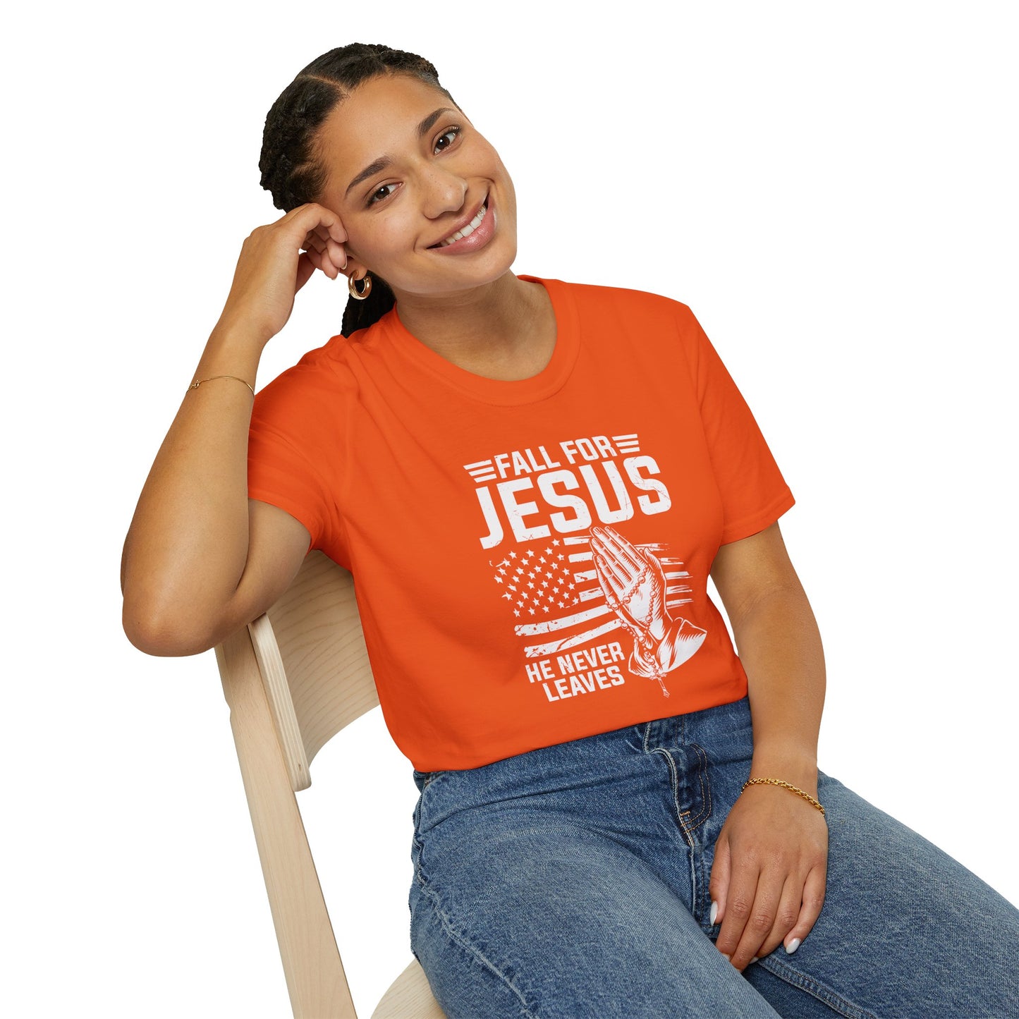 Fall For Jesus He Never Leaves American Patriotic Christian Unisex T-shirt