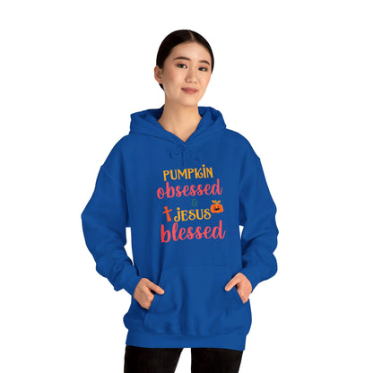 Pumpkin Obsessed And Blessed by Him Halloween Unisex Christian Pullover Hooded Sweatshirt