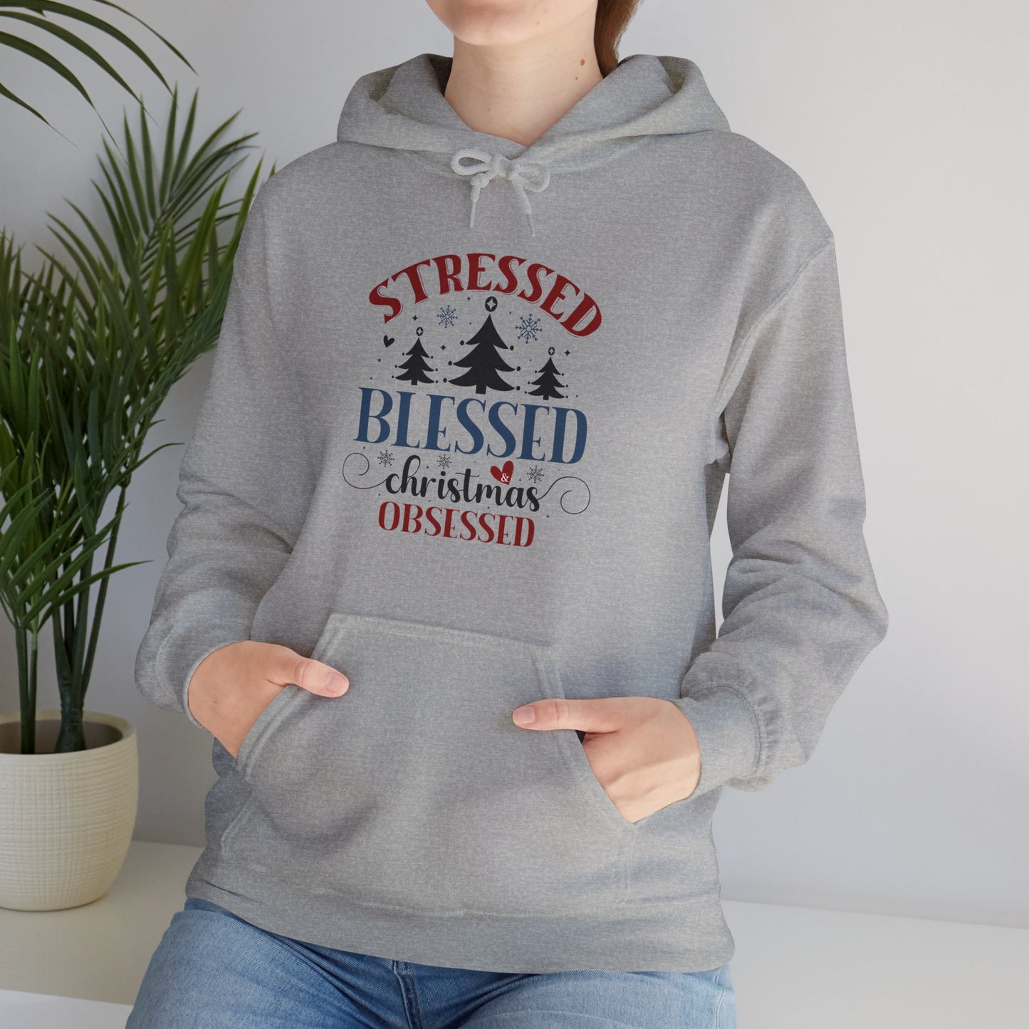 Stressed Blessed Christmas Obsessed Unisex Christian Hooded Pullover Sweatshirt