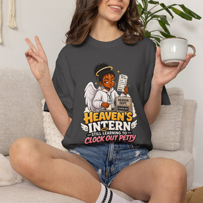 Heaven's Intern T-shirt – Funny Angel Nurse Tee ('Still Learning to Clock Out Petty')