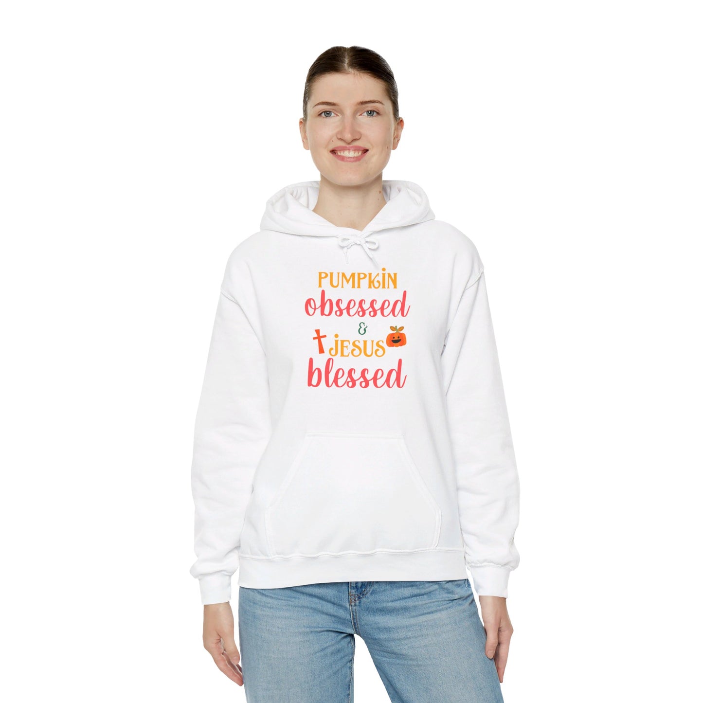 Pumpkin Obsessed And Jesus Blessed Halloween Unisex Christian Pullover Hooded Sweatshirt