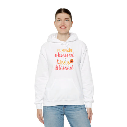 Pumpkin Obsessed And Blessed by Him Halloween Unisex Christian Pullover Hooded Sweatshirt