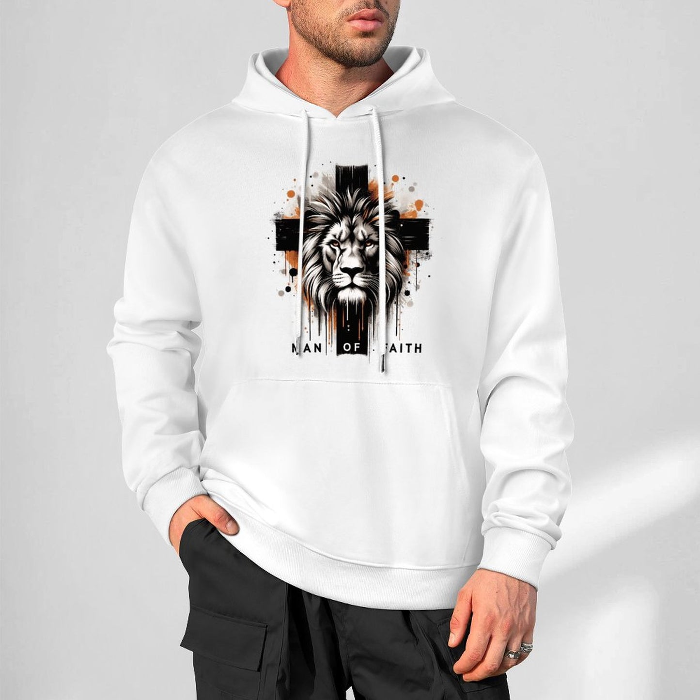 Man of Faith (lion cross) Men's Christian Hooded Pullover Sweatshirt