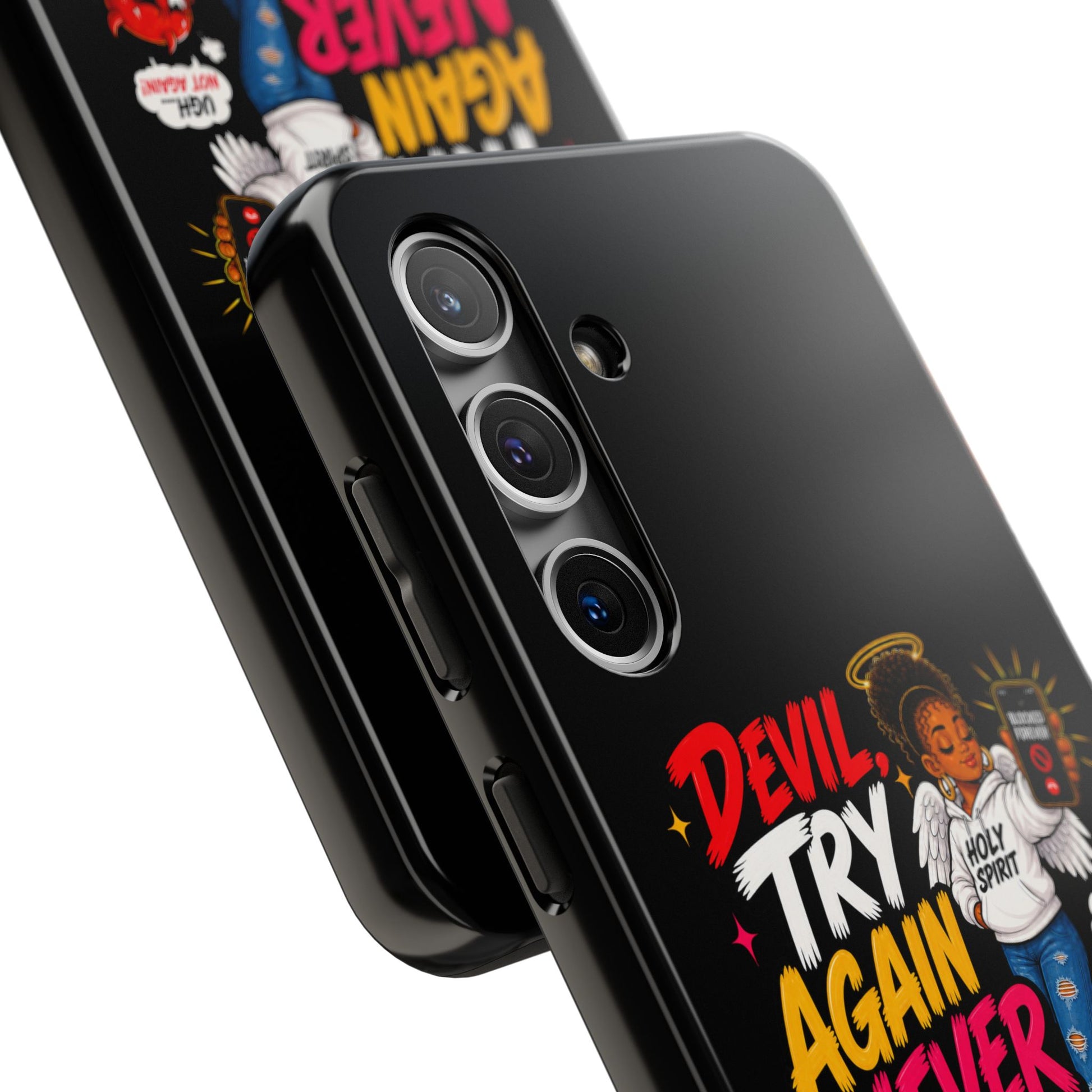 Phone Case — "Devil Try Again Never" Christian Graphic Tough Phone Case - ClaimedbyGodDesigns
