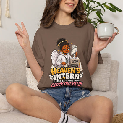 Heaven's Intern T-shirt – Funny Angel Nurse Tee ('Still Learning to Clock Out Petty')
