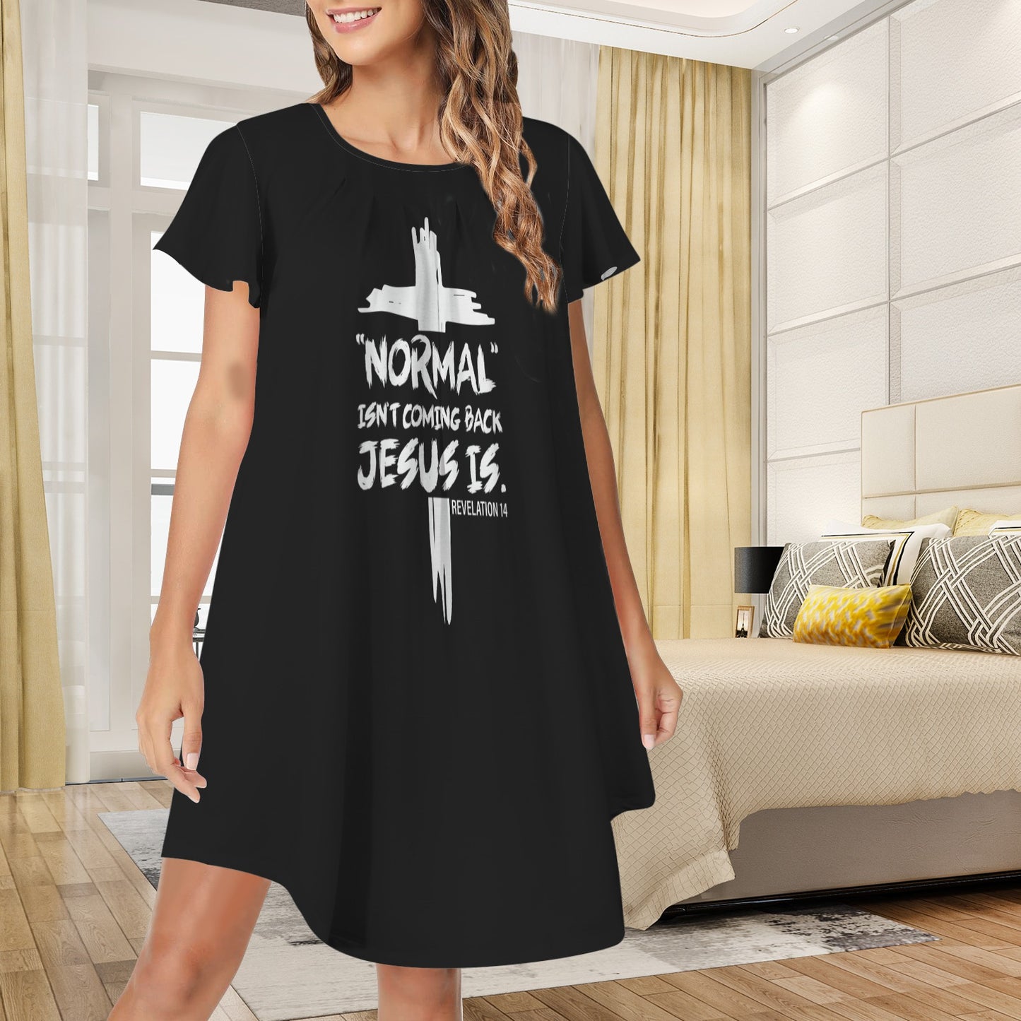 Normal Isn't Coming Back Jesus Is Christian Women's Flared Sleeves Pleated Pocket Pajma Nightdress