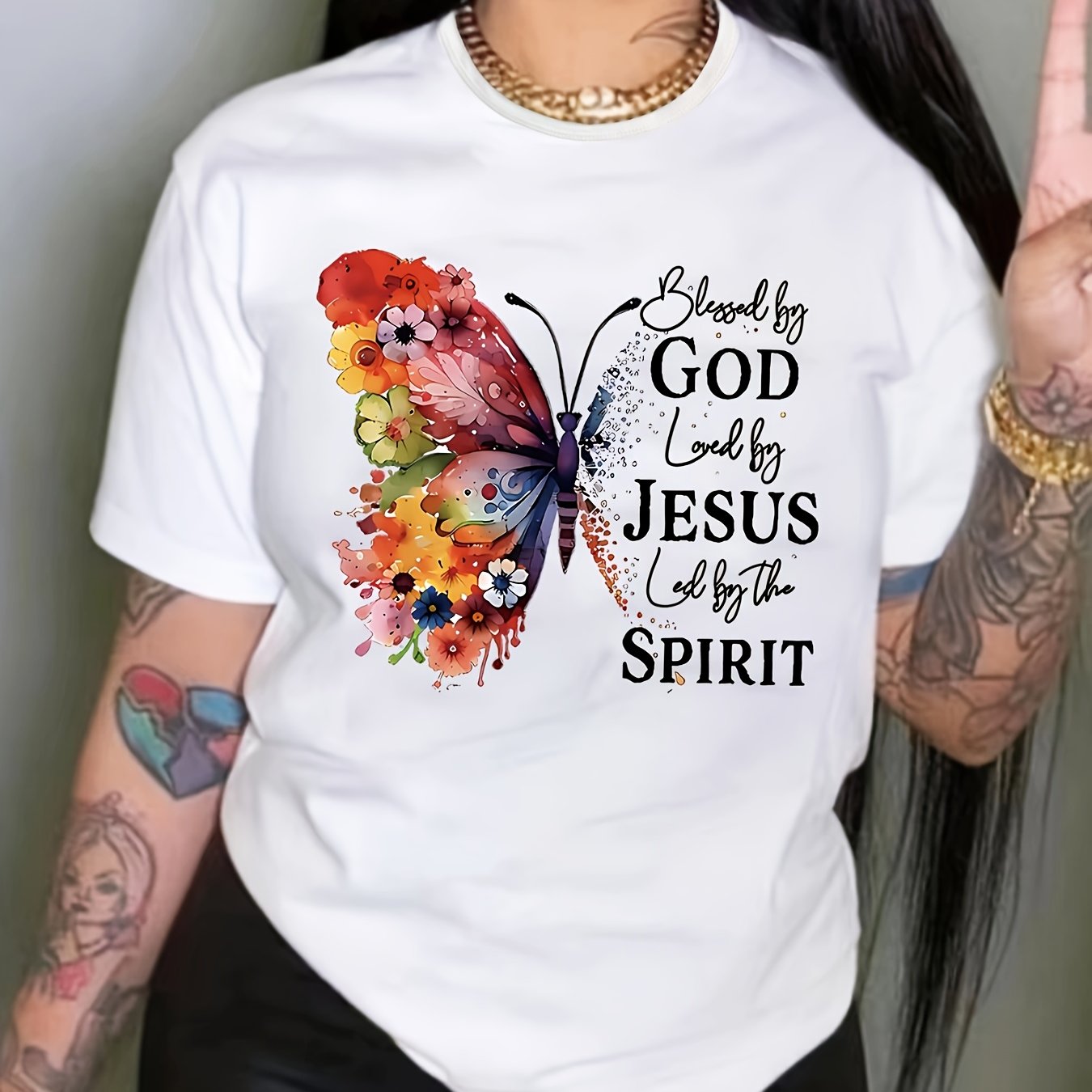 Blessed By God Loved By Jesus Led By The Holy Spirit Plus Size Women's Christian T-shirt claimedbygoddesigns