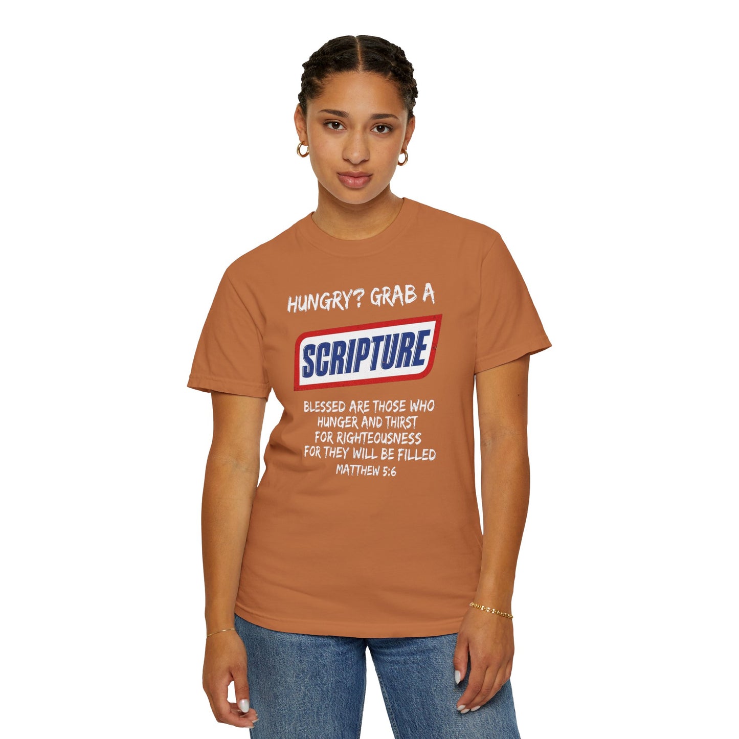 Scripture Snack T-Shirt — "Hungry? Grab a Scripture" Matthew 5:6 Christian Tee