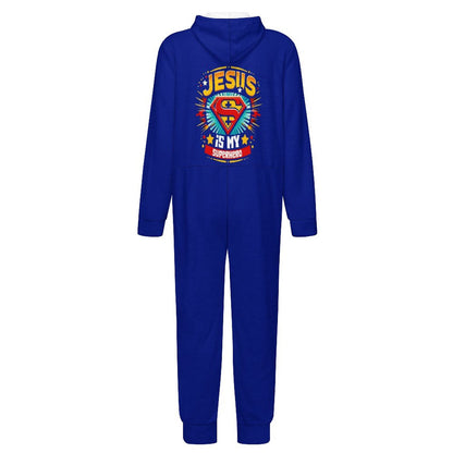 He Is My Superhero Toddler & Youth Christian Flannel Footless Zip up Jumpsuit Pajama Jumpsuit