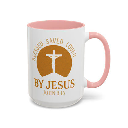 Inspirational Accent Coffee Mug - Blessed, Saved, Loved by Him | John 3:16