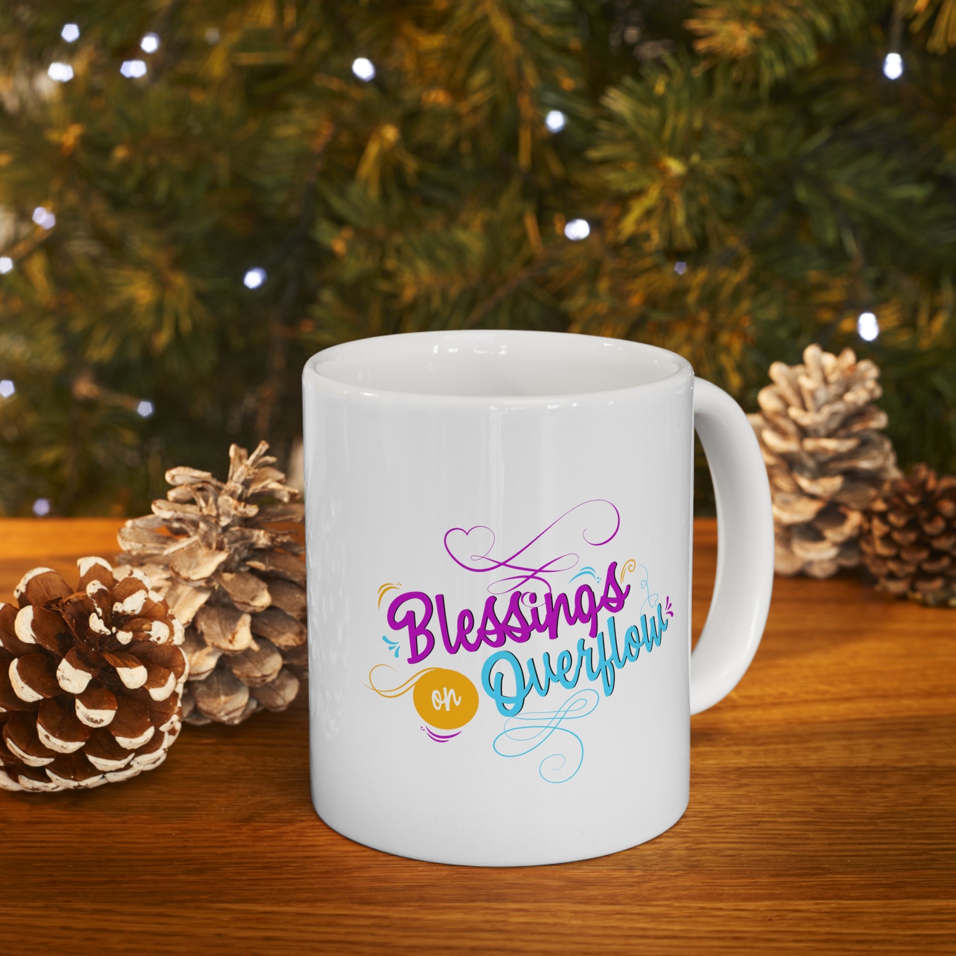 Blessings on Overflow Christian White Ceramic Mug 11oz (double sided print) Printify