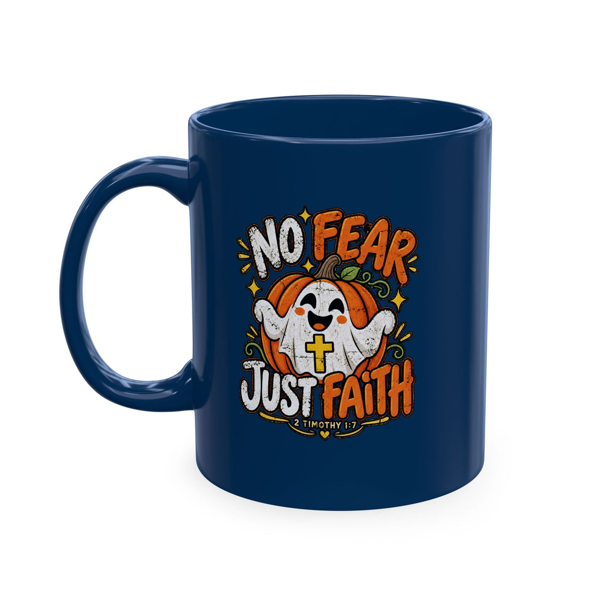 Halloween Ghost Christian Ceramic Mug — "No Fear, Just Faith" Pumpkin Coffee Cup