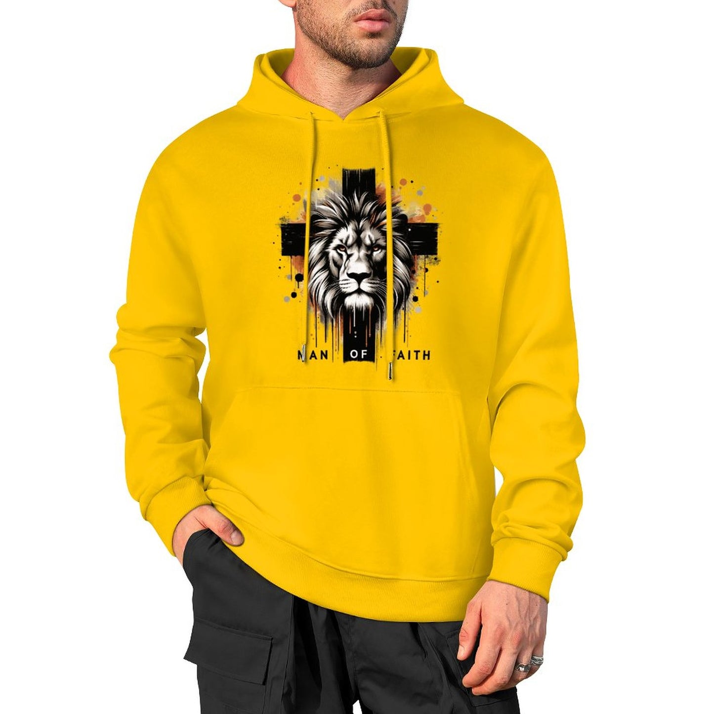 Man of Faith (lion cross) Men's Christian Hooded Pullover Sweatshirt