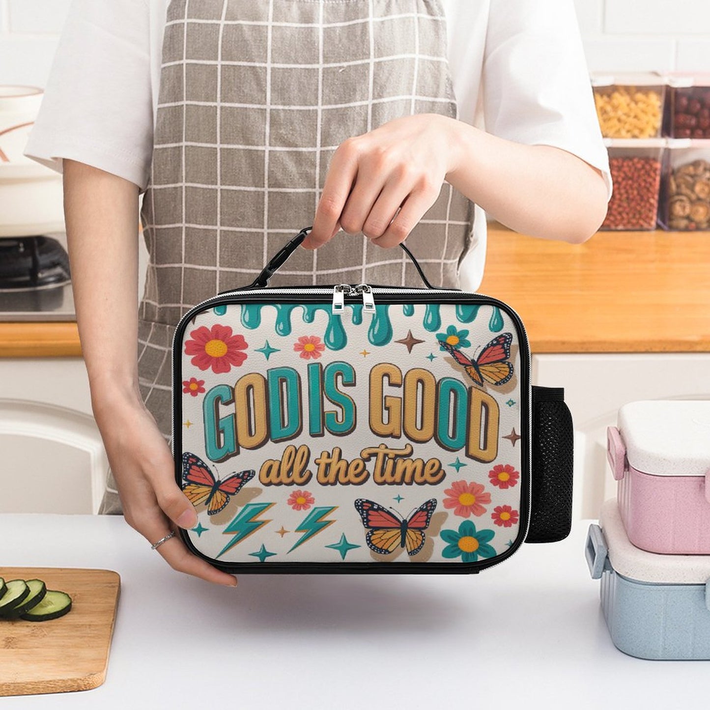 God Is Good All The Time Christian PU Leak-proof Lunch Bag with Detachable Buckled Handle