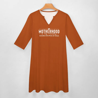 Motherhood Is My Ministry Christian V-neck 3/4 Sleeve Dress with Pockets