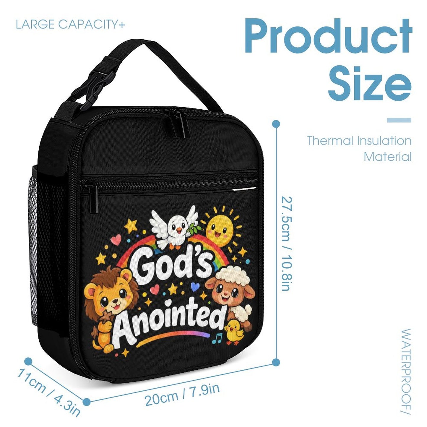 God's Anointed Christian 3Pcs School Backpack Set for Kids (Backpack, Kid's Insulated Lunch Bag & Pencil Case Organizer)