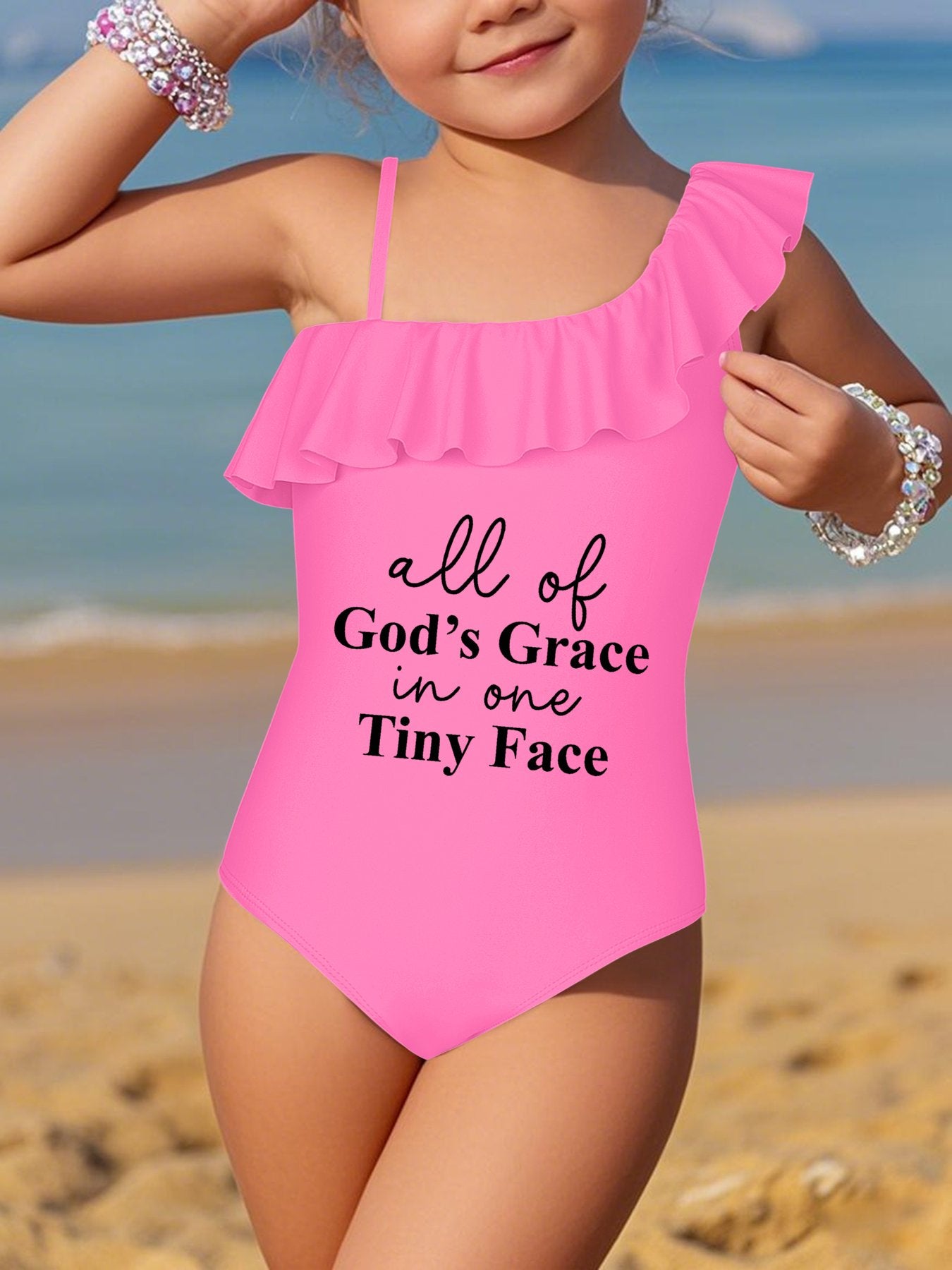 All Of His Grace In One Tiny Face Kid's Christian Swimsuit - ClaimedbyGodDesigns