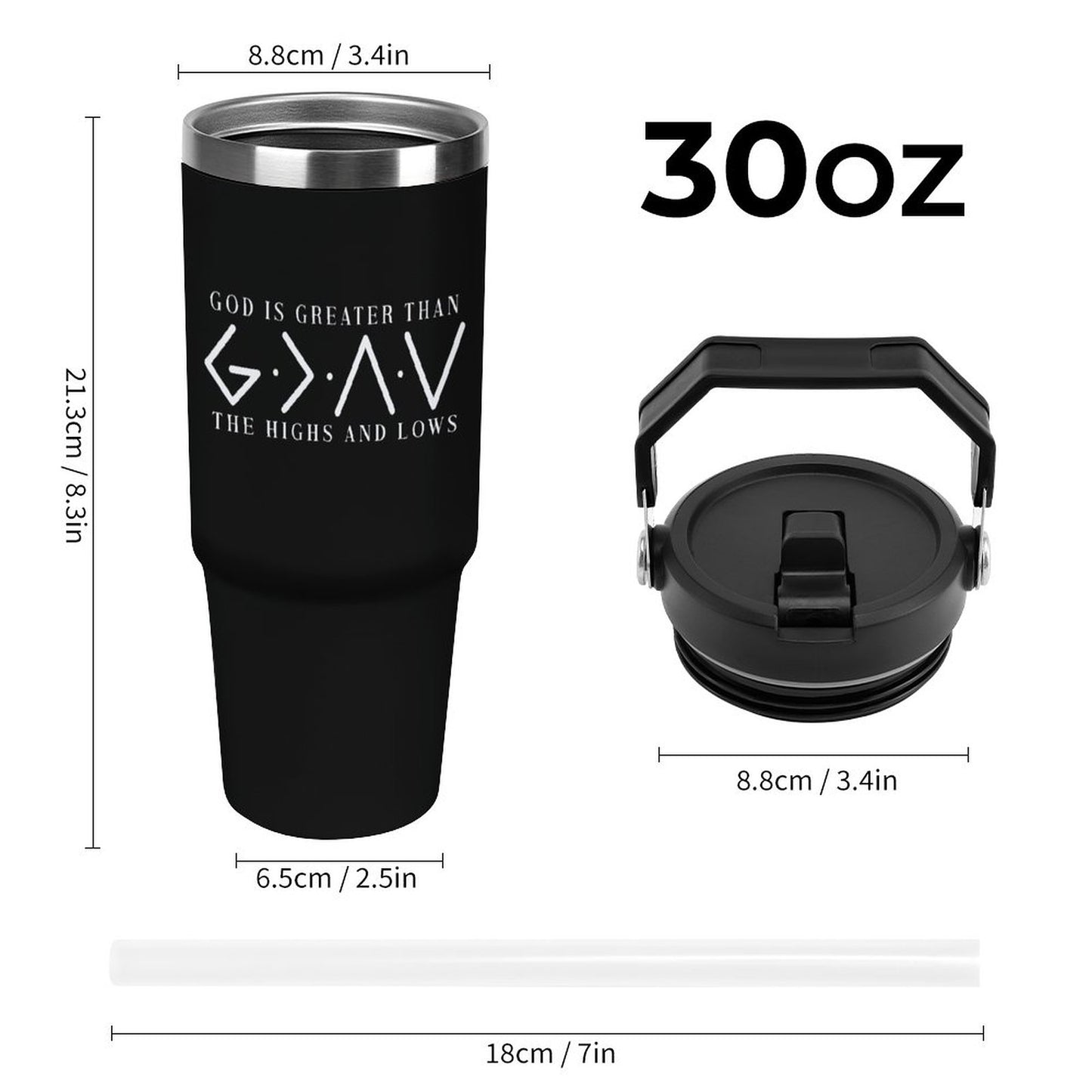 He Is Greater Christian 30oz Car Tumbler with Handle - ClaimedbyGodDesigns