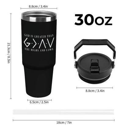 He Is Greater Christian 30oz Car Tumbler with Handle - ClaimedbyGodDesigns