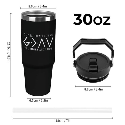 He Is Greater Christian 30oz Car Tumbler with Handle - ClaimedbyGodDesigns