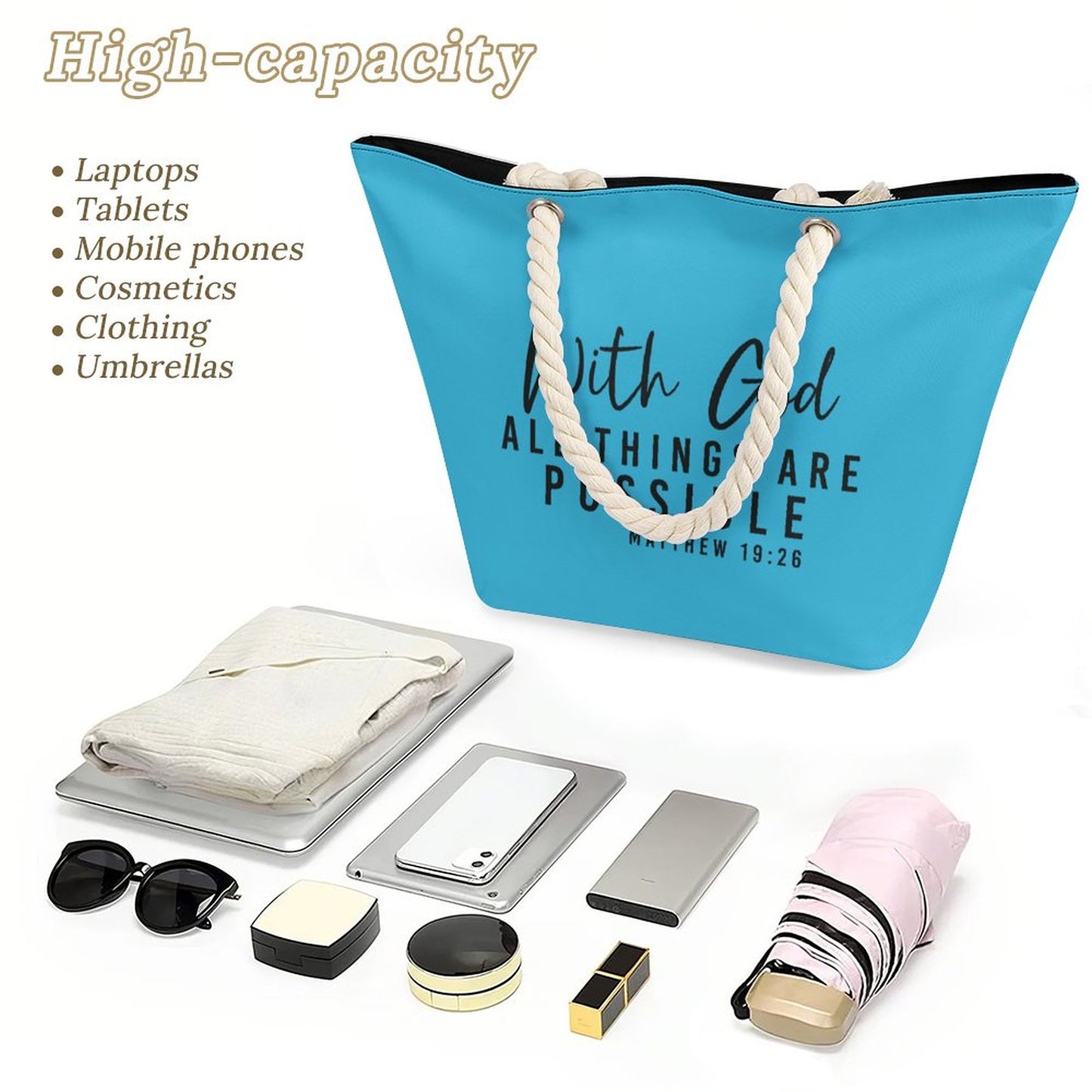 With God All Things Are Possible Christian Large Jute Tote Bag