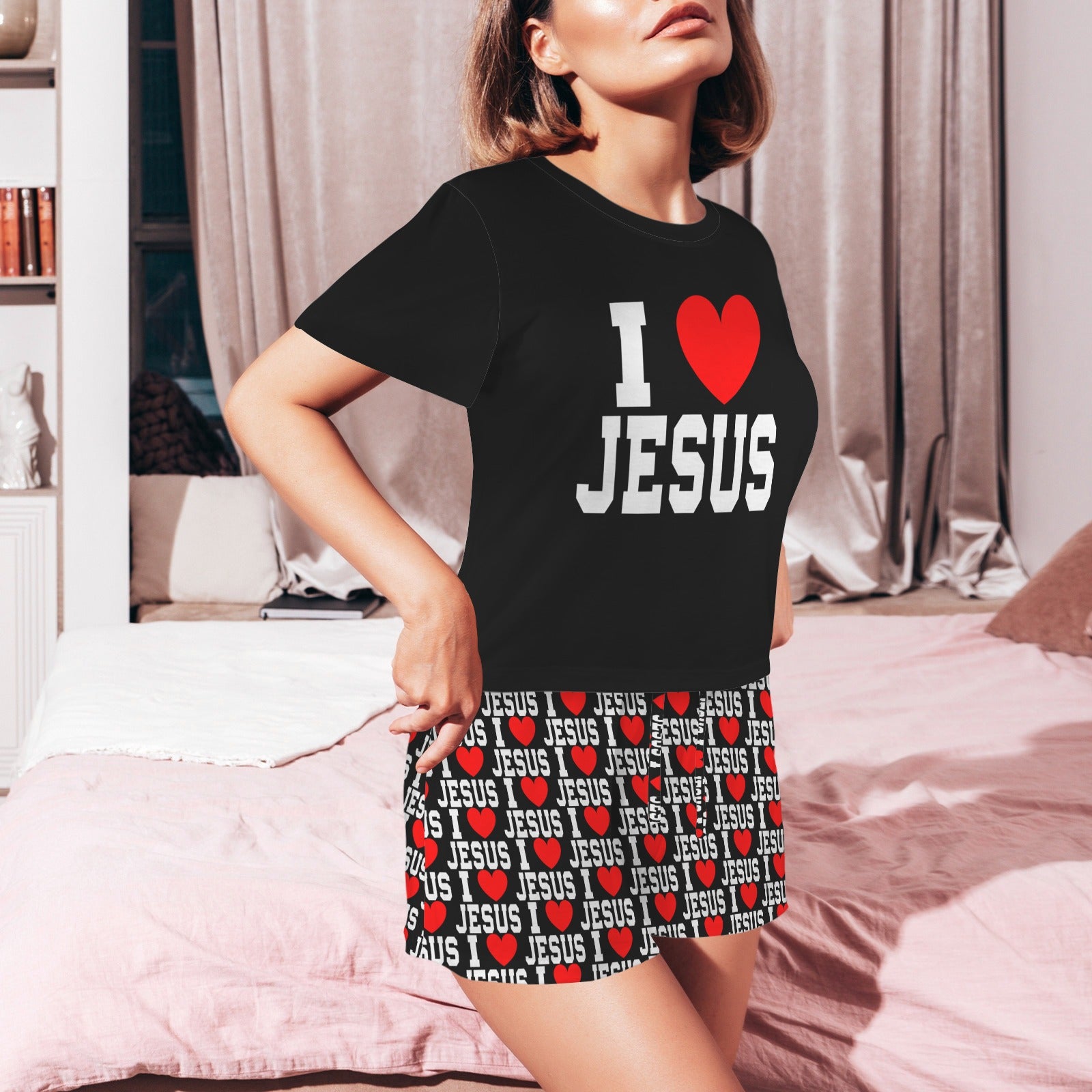 I Love Jesus (2) Women's Short Sleeved String Christian Pajama Set