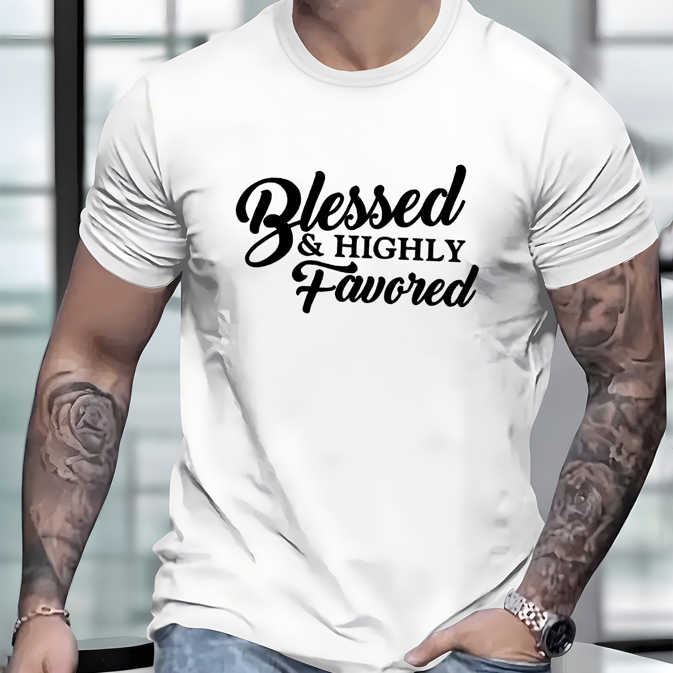 Blessed and Highly Favored Christian Men's T-shirt claimedbygoddesigns