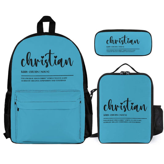 I Am A Christian Follower Of Christ Christian Backpack Set of 3 Bags (Shoulder Bag Lunch Bag & Pencil Pouch)