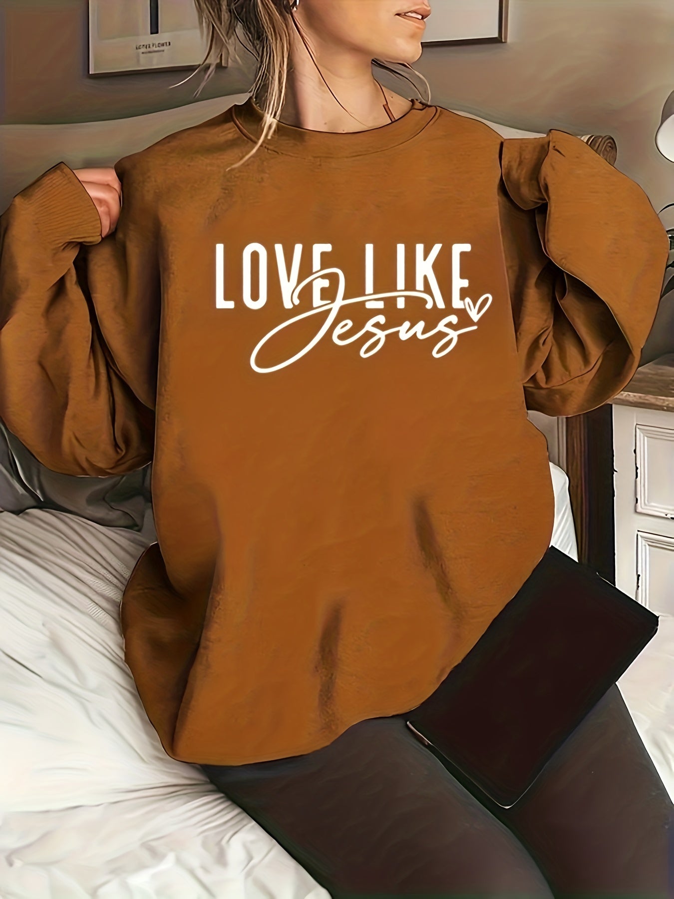 Love Like Jesus Plus Size Women's Christian Pullover Sweatshirt claimedbygoddesigns
