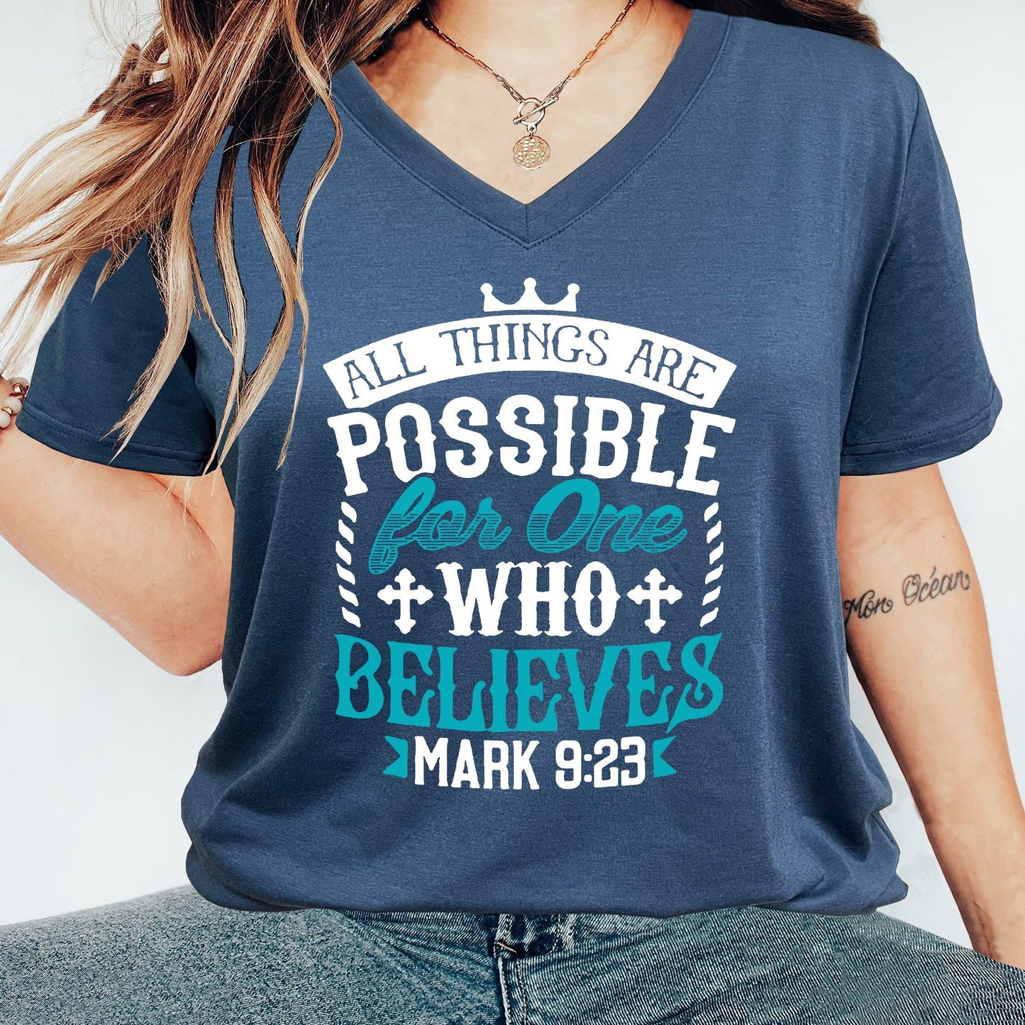 All Things Are Possible For One Who Believes Women's Christian V Neck T-Shirt claimedbygoddesigns
