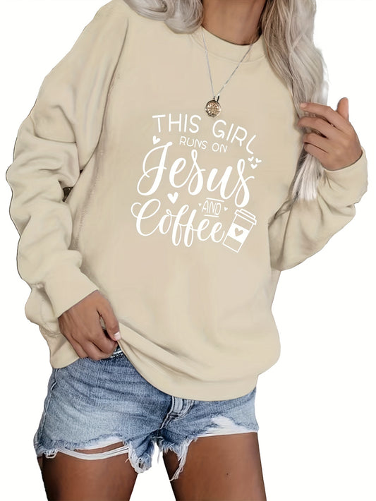 This Girl Runs On Jesus And Coffee Plus Size Women's Christian Pullover Sweatshirt claimedbygoddesigns