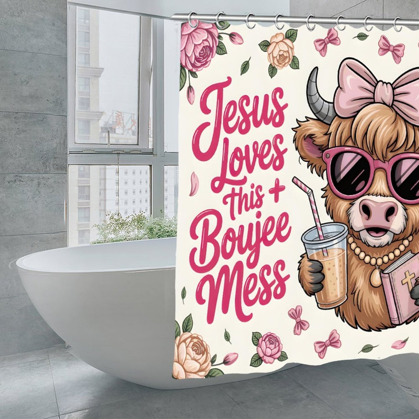 Jesus Loves This Boujee Mess Funny Christian Waterproof Shower Curtain