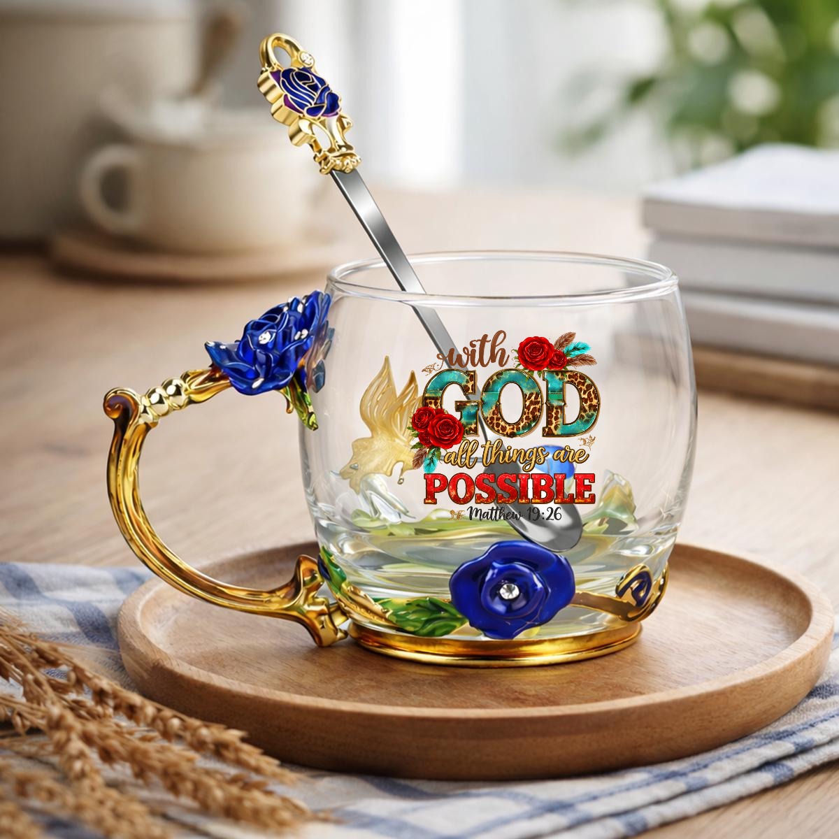 With God All Things Are Possible 12oz Enamel Floral Glass Christian Mug With Spoon