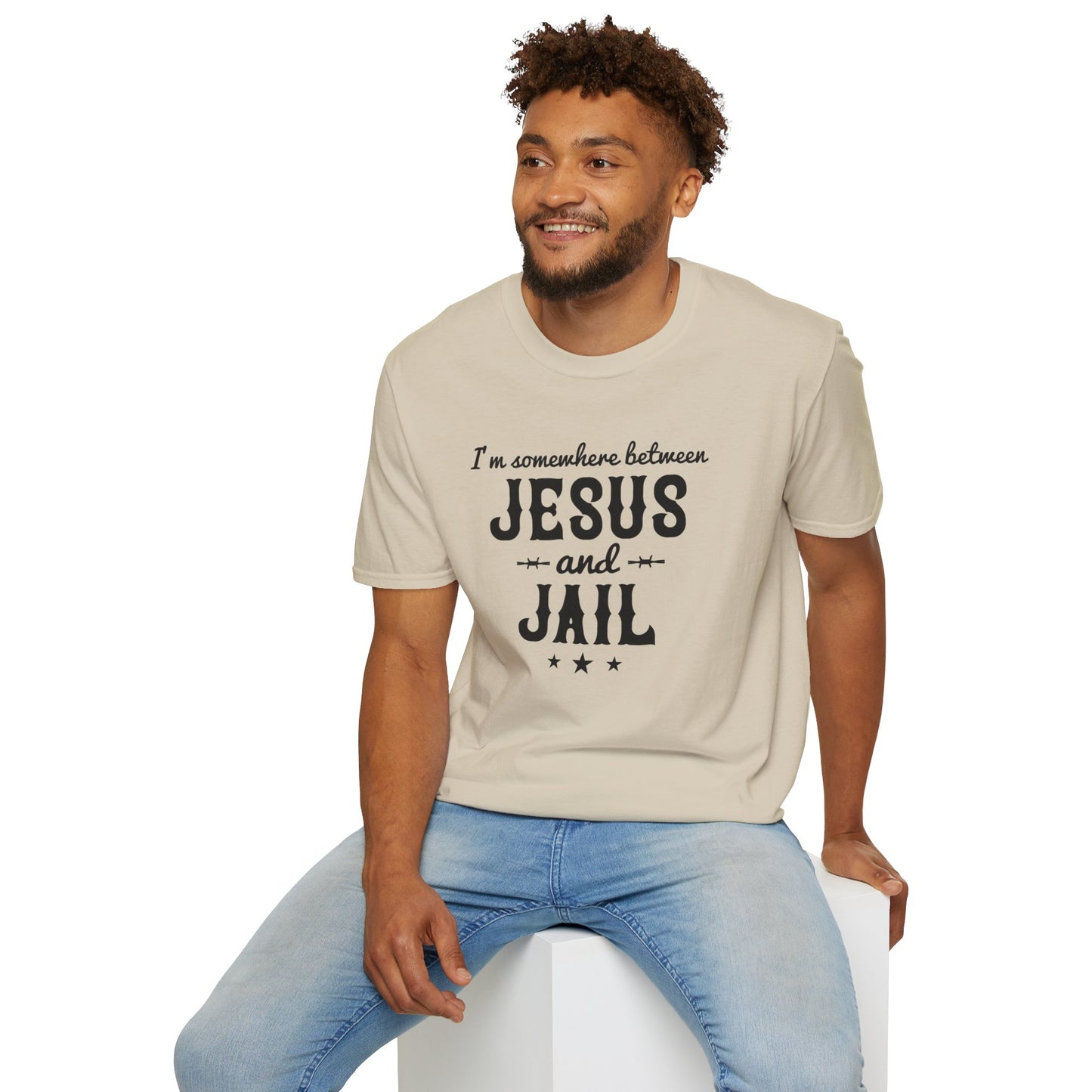 I'm Somewhere Between Jesus And Jail Funny Unisex Christian T-shirt