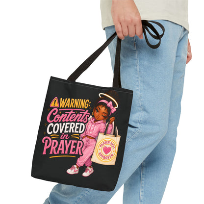 Tote Bag — "Warning: Contents Covered in Prayer" Pink Faith Tote - ClaimedbyGodDesigns