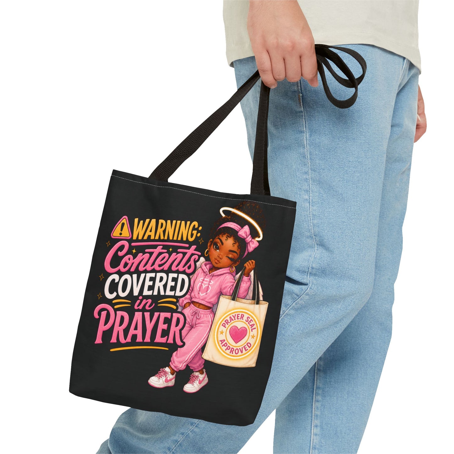 Tote Bag — "Warning: Contents Covered in Prayer" Pink Faith Tote - ClaimedbyGodDesigns