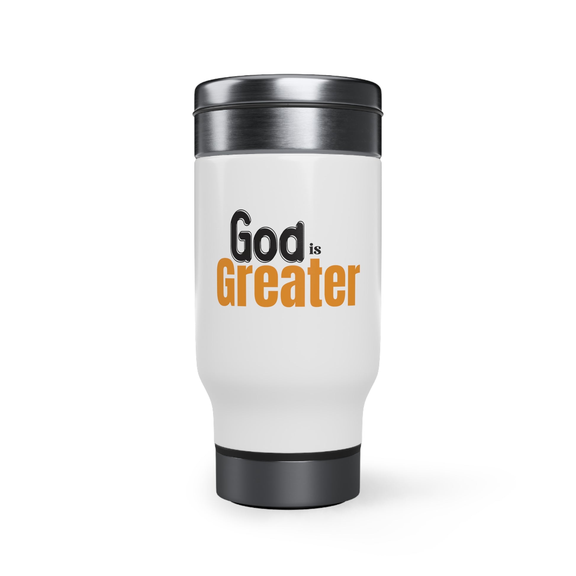 God Is Greater Travel Mug with Handle, 14oz Printify