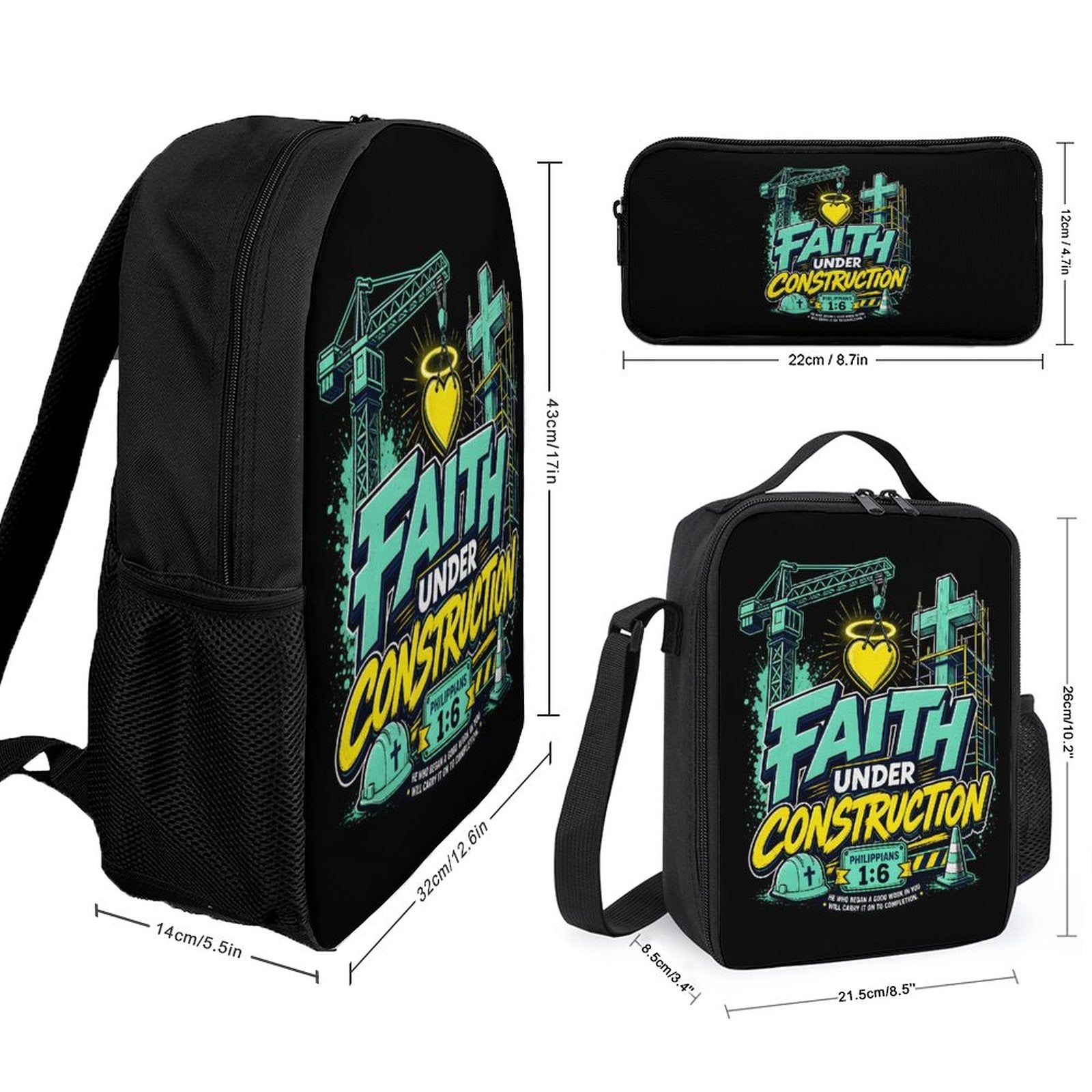 Faith Under Construction Christian 3 PCS Bag Set (Backpack, Lunch Bag and Pencil Case) - ClaimedbyGodDesigns