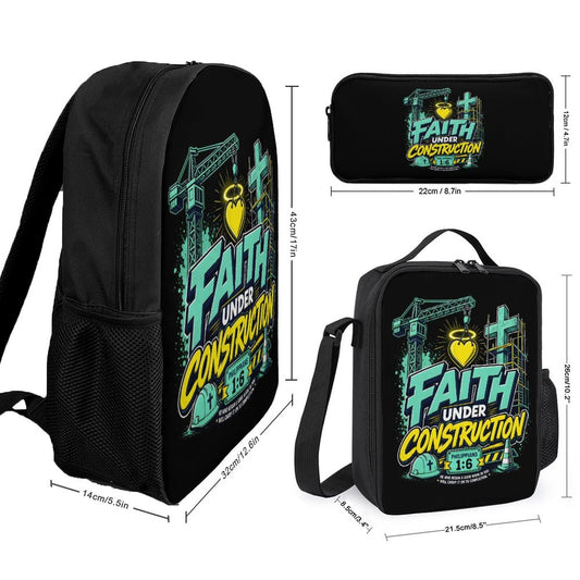 Faith Under Construction Christian 3 PCS Bag Set (Backpack, Lunch Bag and Pencil Case) - ClaimedbyGodDesigns