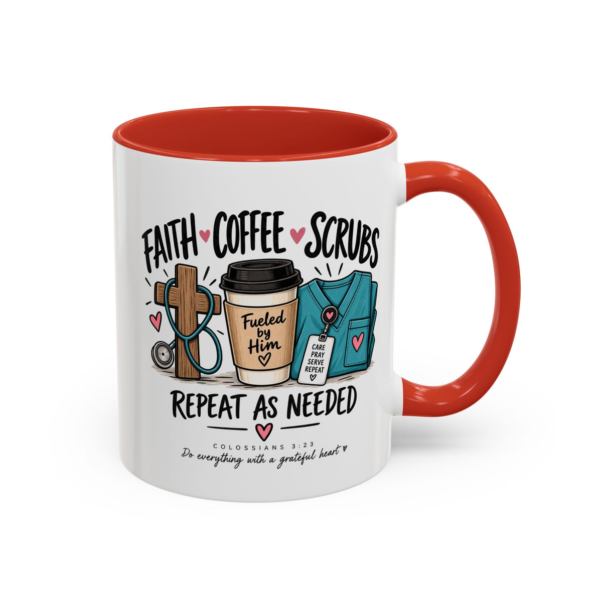 Christian nurse coffee mug with 'Fueled by Him' scrubs design, 11 oz