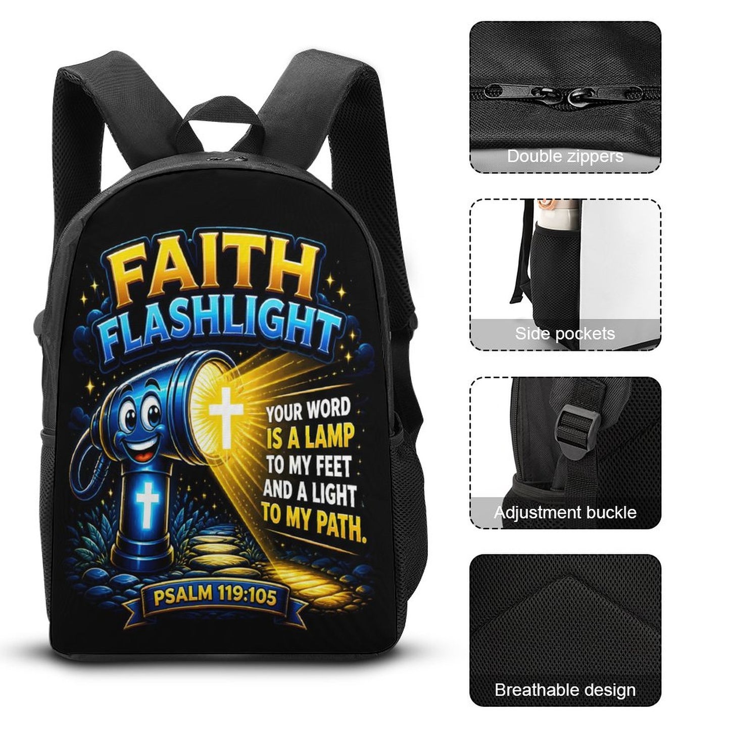 Faith Flashlight Christian 3 PCS Bag Set (Backpack, Lunch Bag and Pencil Case) - ClaimedbyGodDesigns