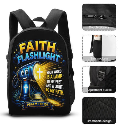 Faith Flashlight Christian 3 PCS Bag Set (Backpack, Lunch Bag and Pencil Case) - ClaimedbyGodDesigns