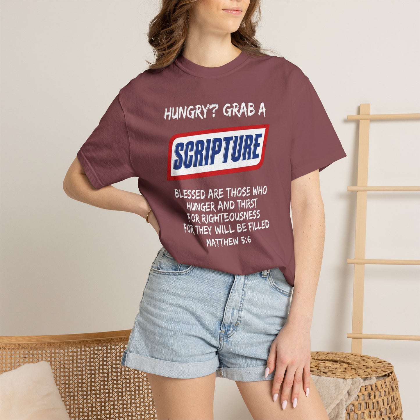 Scripture Snack T-Shirt — "Hungry? Grab a Scripture" Matthew 5:6 Christian Tee