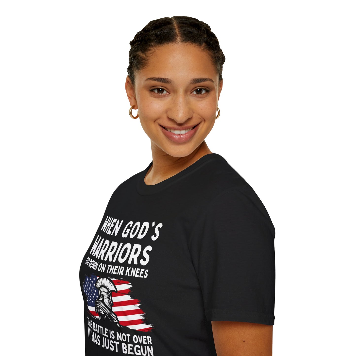 When God's Warriors Go Down On Their Knees The Battle Is Not Over Patriotic American Flag Christian Unisex T-shirt