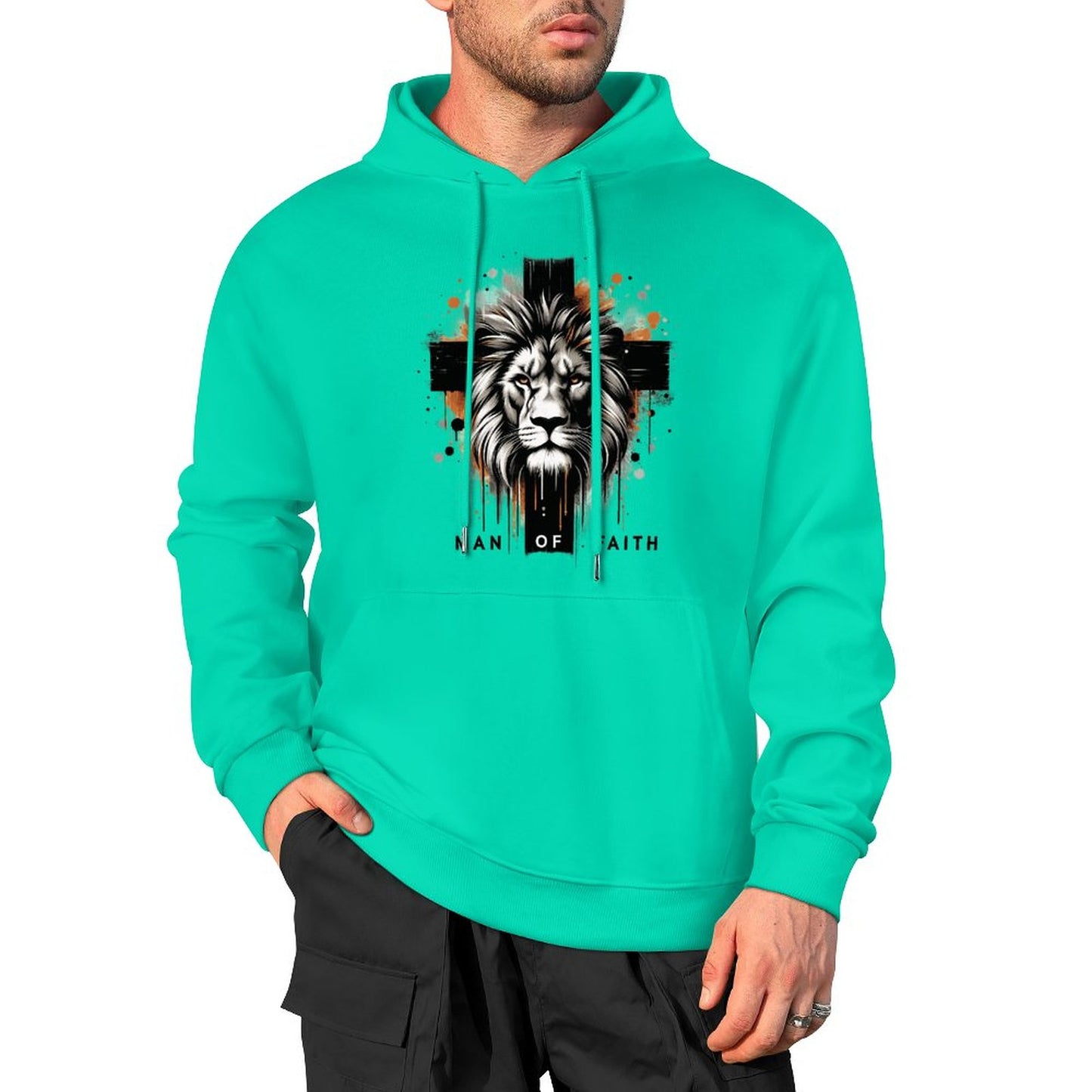 Man of Faith (lion cross) Men's Christian Hooded Pullover Sweatshirt