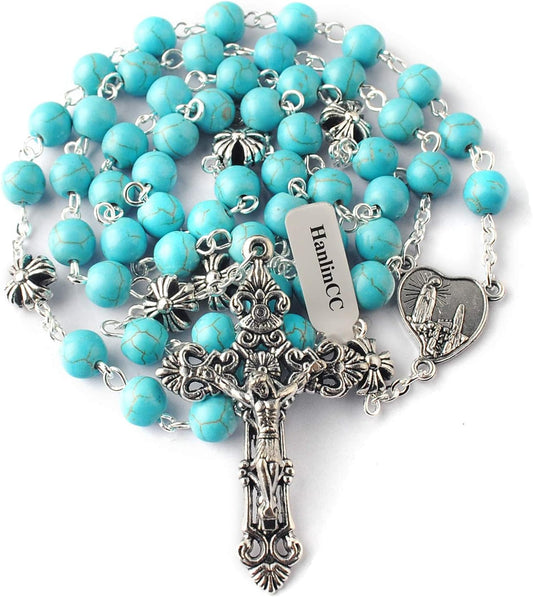 Turquoise Beads Rosary Necklace with Anti-Silver Plated Fatima Center Piece and Crucifix with Blue Color Leather Gift Box Christian Gift Idea claimedbygoddesigns
