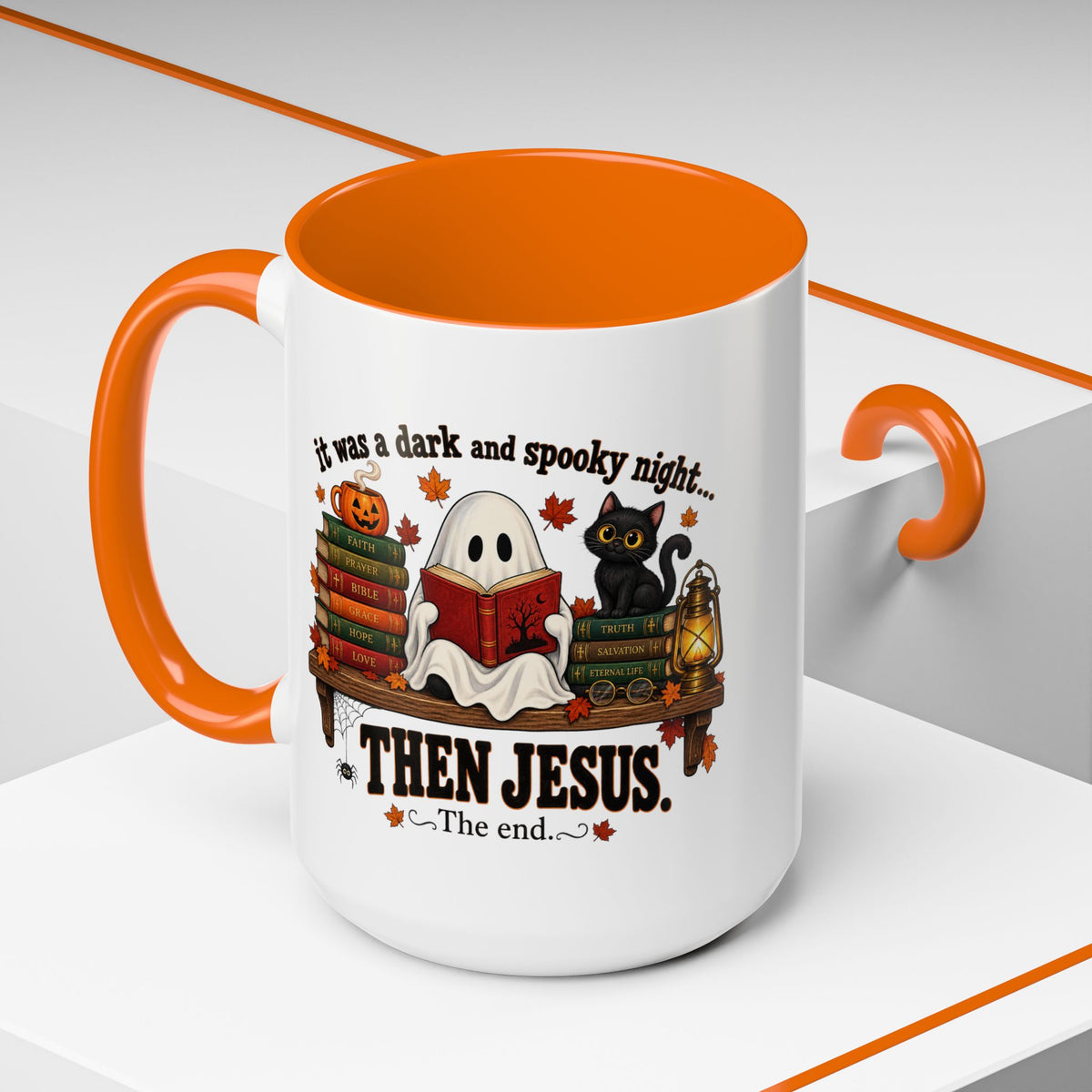 Halloween Christian Coffee Mug — “It Was a Dark and Spooky Night… Then Jesus” Accent Mug