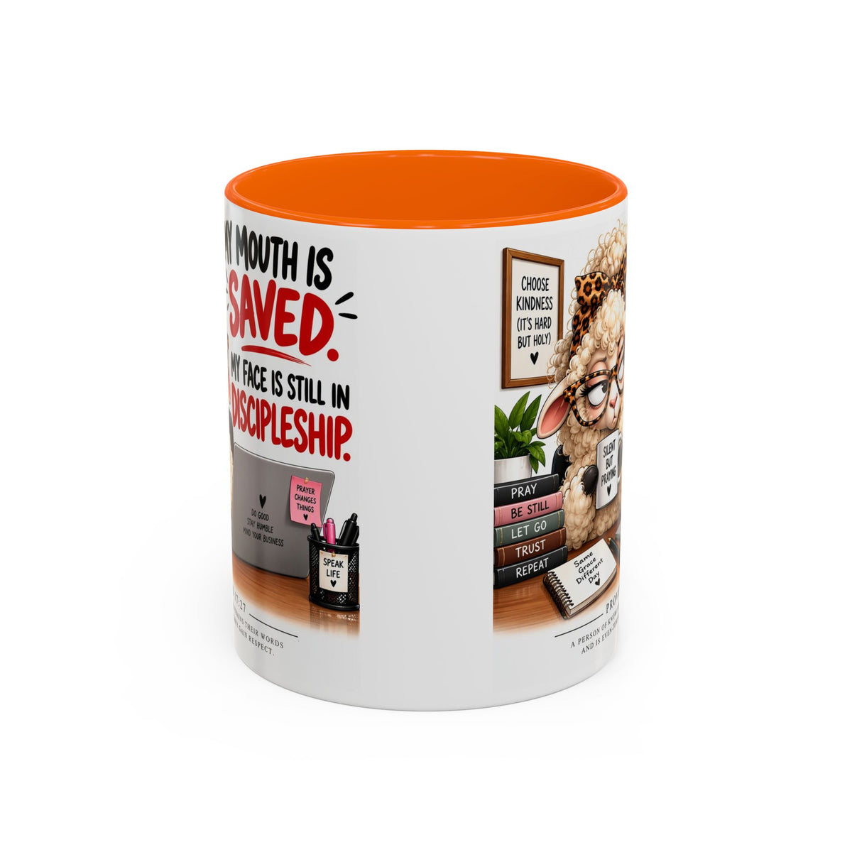 Saved & Sassy Sheep Coffee Mug — "My Mouth Is Saved, My Face Is Still In Discipleship" Accent Mug
