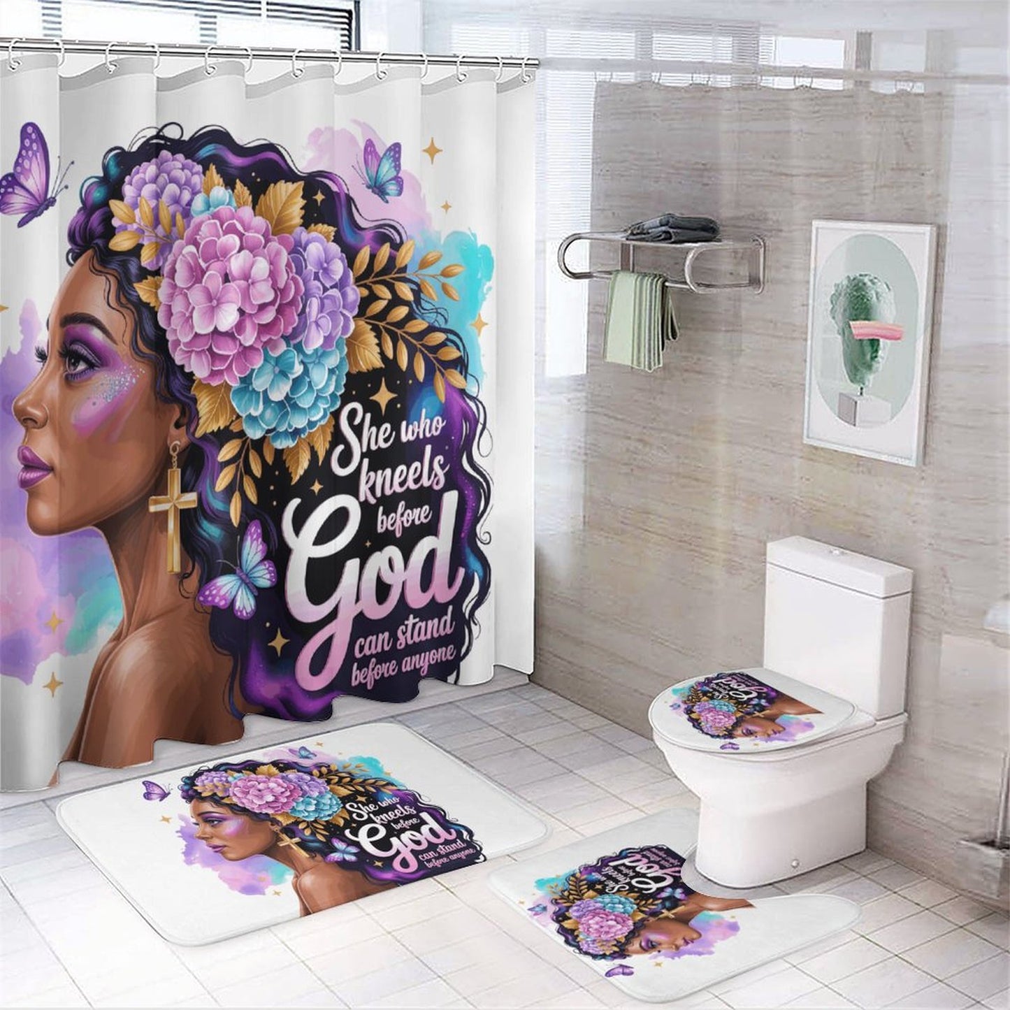 She Who Kneels (Floral Queen) Christian Shower Curtain Set with a shower curtain, a bath rug, a contour rug and a toilet lid cover. - ClaimedbyGodDesigns